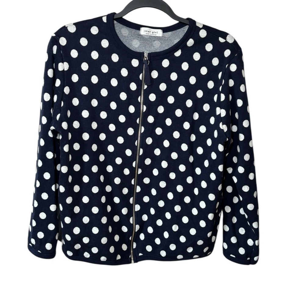 K-Fashion Star Girl Polka Dot Zip Jacket Cardigan Navy White Small Spring Summer